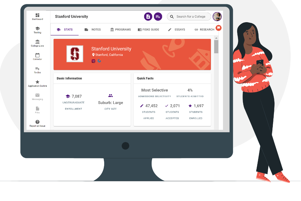 AdmitNetwork web platform showing a college profile