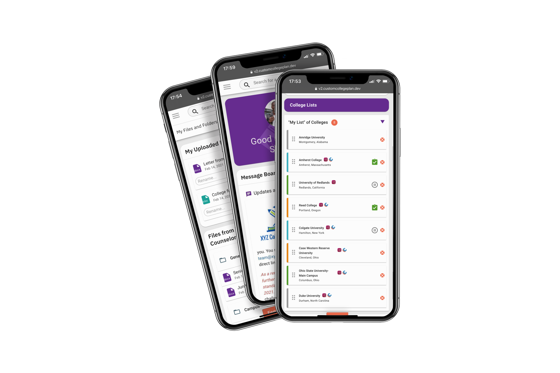 Three phone mockups showing the AdmitNetwork mobile app
