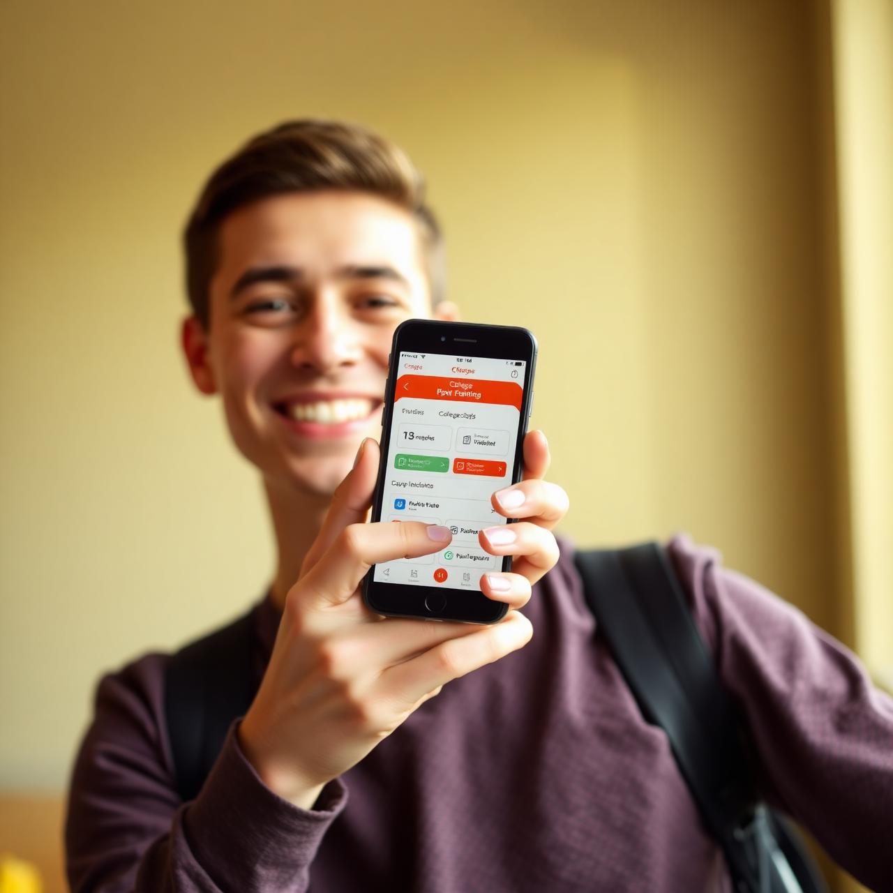 Student holding a phone showing the AdmitNetwork mobile app